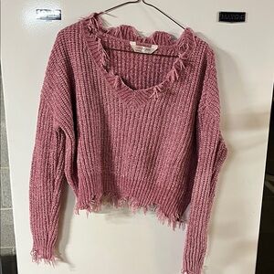 Belle Du Jour Pink V-Neck Distressed Sweater